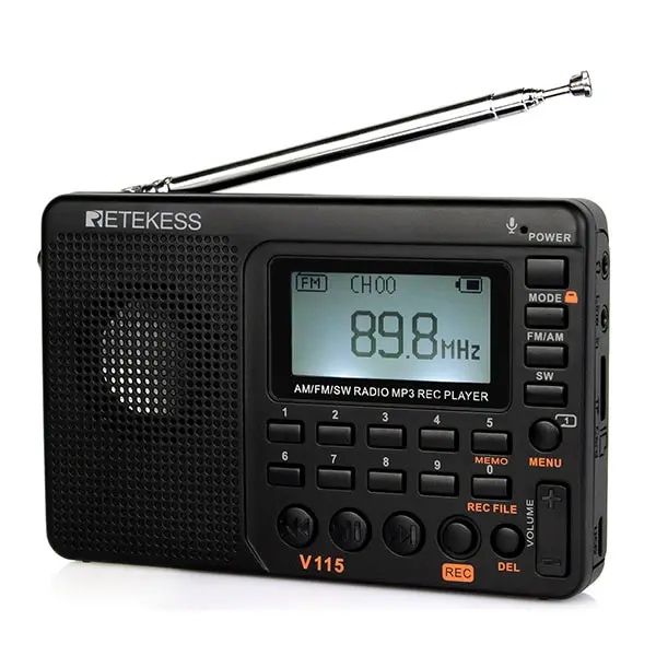 Rádio portátil AM FM SW com MP3 Rec Player  RETEKESS V115