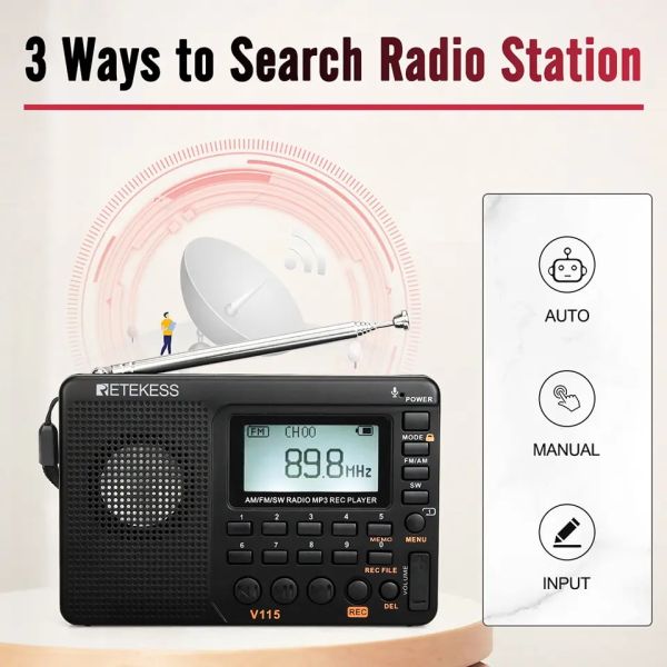 RETEKESS V115 Rádio portátil AM FM SW com MP3 Rec Player  - foto 6