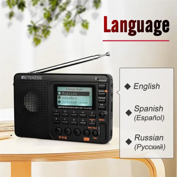 RETEKESS V115 Rádio portátil AM FM SW com MP3 Rec Player  - foto 7