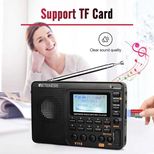 RETEKESS V115 Rádio portátil AM FM SW com MP3 Rec Player  - foto 8