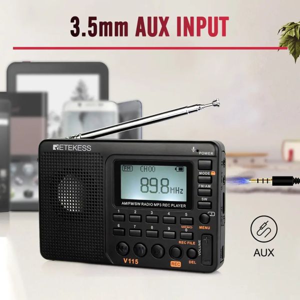 RETEKESS V115 Rádio portátil AM FM SW com MP3 Rec Player  - foto 9