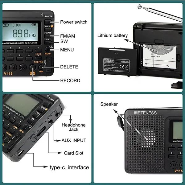 RETEKESS V115 Rádio portátil AM FM SW com MP3 Rec Player  - foto 11
