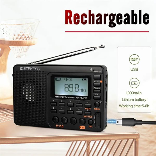 RETEKESS V115 Rádio portátil AM FM SW com MP3 Rec Player  - foto 10
