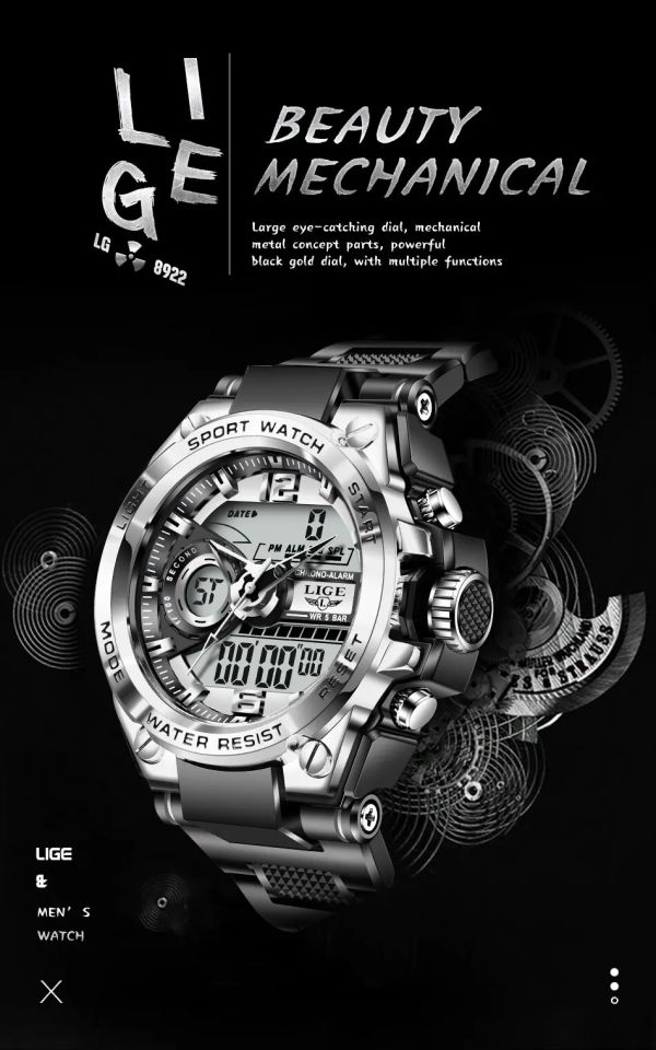 LIGE 8922-S Relógio de pulso militar masculino ponteiro e digital prata