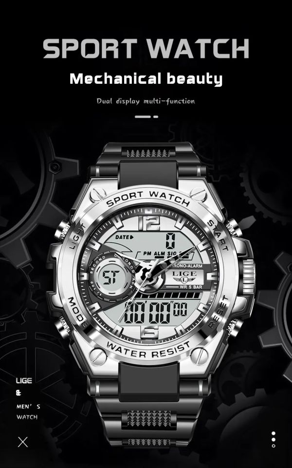 LIGE 8922-S Relógio de pulso militar masculino ponteiro e digital prata - foto 3