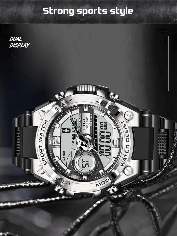 LIGE 8922-S Relógio de pulso militar masculino ponteiro e digital prata - foto 5