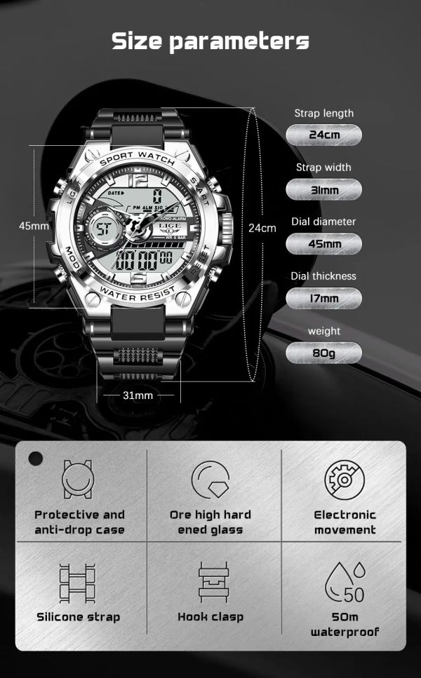 LIGE 8922-S Relógio de pulso militar masculino ponteiro e digital prata - foto 6