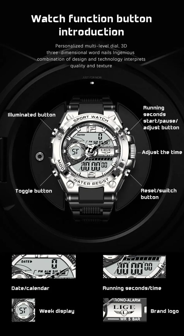 LIGE 8922-S Relógio de pulso militar masculino ponteiro e digital prata - foto 7