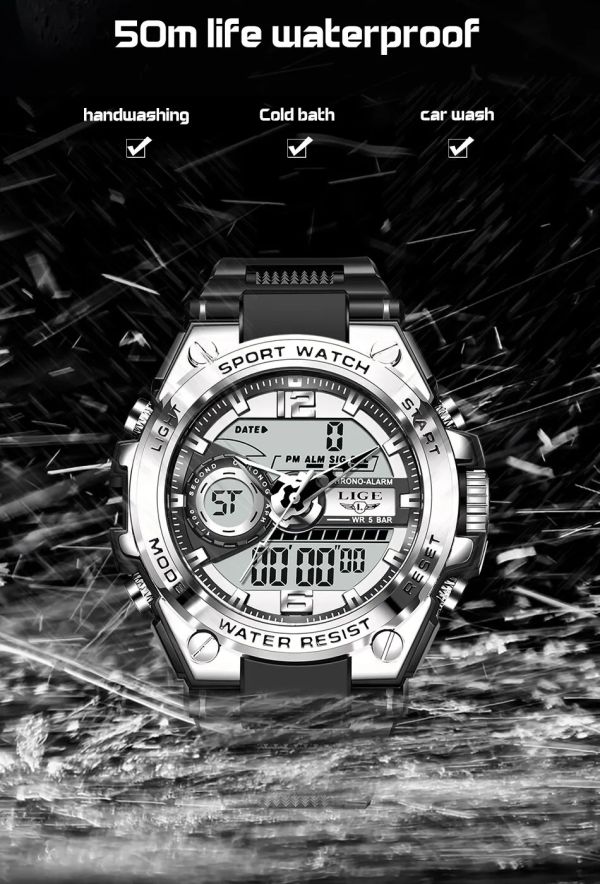 LIGE 8922-S Relógio de pulso militar masculino ponteiro e digital prata - foto 8