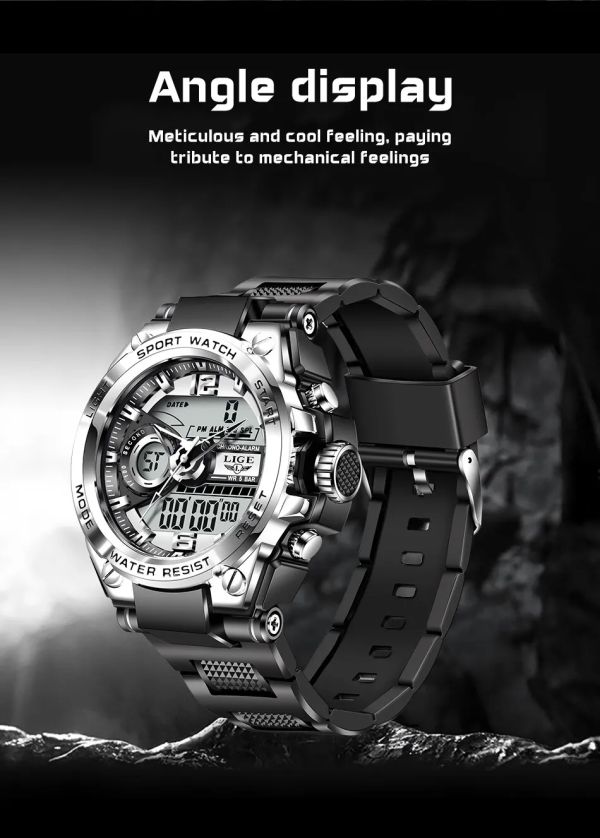 LIGE 8922-S Relógio de pulso militar masculino ponteiro e digital prata - foto 2