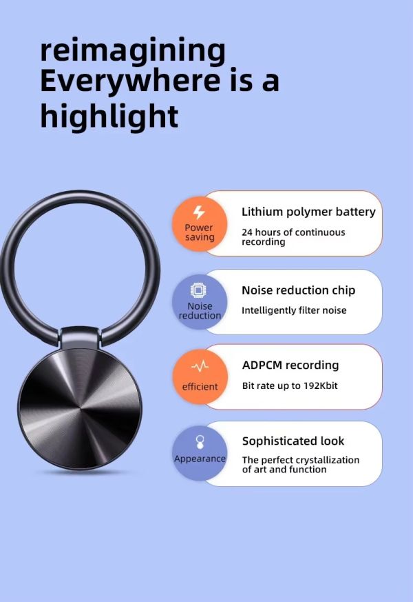 HNSAT ESP-S30 Gravador de voz 8Gb oculto em chaveiro redondo - foto 4