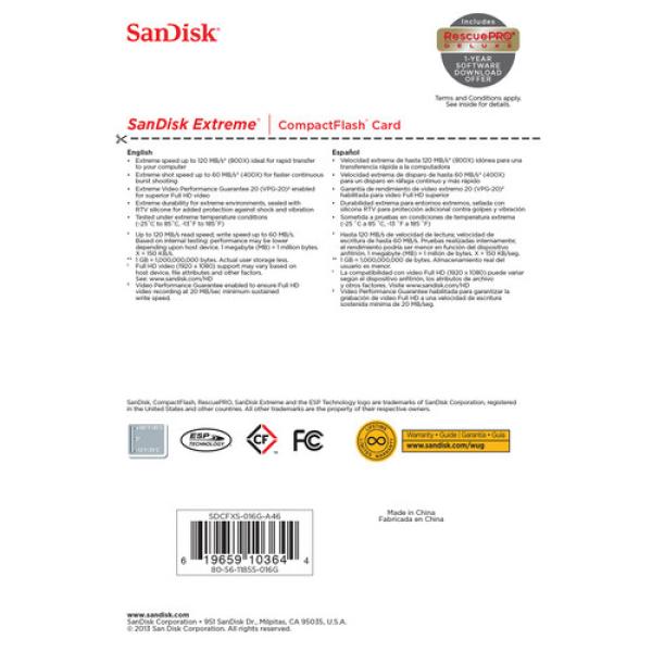 SANDISK CF 800X 16GB Cartão de memór Compactflash Extreme UDMA7 120Mb/s - foto 4